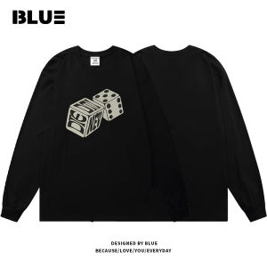 Retro Style Mens Long Sleeve T-Shirt Pure Cotton Loose Fit round Neck Casual Breathable Autumn Top Trendy Brand Dice Print