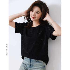 Comfortable Short Sleeve T-Shirt Pure Cotton Glitter Shoulder Loose Fit Summer Womens Fashion Korean Style Black Top Half Sleeve