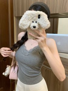 GUZILIAN | Elegant Lace Splice V-neck Strap Vest Womens Autumn Winter Korean Style Design Sensation Arc Bottoming Shirt Pure Desire Fashion