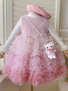 Princess Style Fleece Lined Girls Dress Birthday Party Outfit Set Gradient Color Skirt Cute Polyester Fiber Winter Thickened