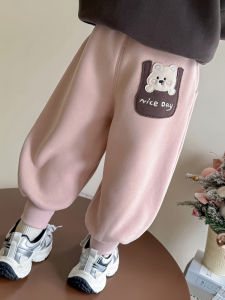 Girls Fleece Lined Winter Cat Pants Casual Sporty Sweatpants Kindergarten Childrens Versatile Trousers Trendy High Waist Long Pants