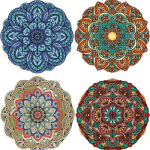 This 4-Piece Set of Round Coasters with a Colorful Mandala Pattern and Wooden Coasters Is Suitable for Library Desk Decoration