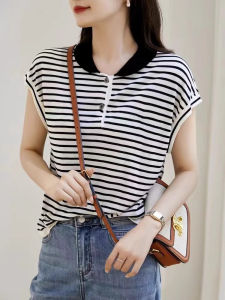 Classic Striped Short Sleeve T-Shirt Women Summer Loose Slimming Polo Shirt Design Sensation Small Audience Top