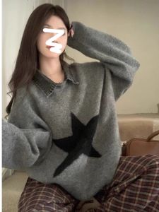 Fancy Fake Two-Piece Denim Patchwork Polo Collar XINGX Sweater Thick Loose Female Winter Mid Length Long Length Knitting Tops