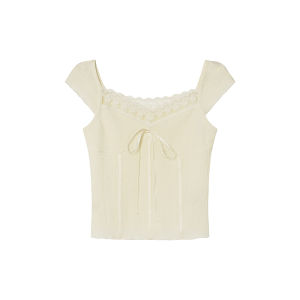NIHAOKANONG | Áo Blouse Ngắn Tay Bồng Cổ V Chất Liệu Voan Kết Hợp Ren