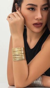 Womens Multilayer Metal Wires Strings Open Bangle Wide Cuff Bracelet Women Statement Jewelry Indian Bangles Trendy Thin Iron Wire Weave Cuff Bracelet for Women Geometric Wide Bangle Ladies Party Jewelry Big Bracelets Wedding Girls