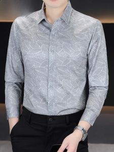 HENGYUANXIANG | Spring Summer Mens Long Sleeve Shirt Iron Free Lightweight Fashion Slim Fit Printed Business Shirt Standard Edition Button Design
