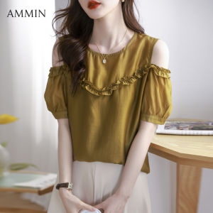 Ammin đơn giản Mới Mùa Hè cổ tròn quần đùi thời trang tay áo Áo Voan Lệch Vai nữ phiên bản Hàn Quốc phong cách ngọt ngào peplum khâu tay áo phồng Áo Blouse thanh lịch