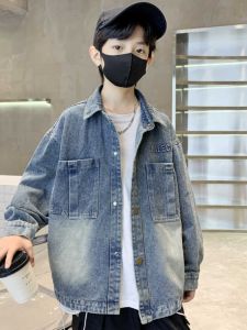Boys Denim Jacket Spring Autumn Style Casual Fashionable Shirt for Middle And Big Children Trendy Coat No Brand Registered Trademark