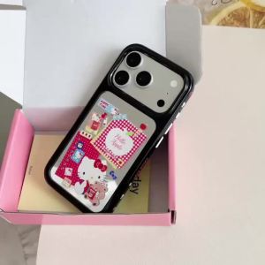 Sanrio | Cute Cartoon Sanrio Hello Kitty Mirror Phone Case For iPhone 17 16 15 13 14 Pro Max Plaid Shockproof Soft TPU Cover Girls Gift