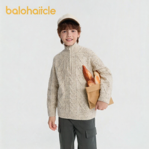 Balabala | เสื้อสเวตเตอร์ถักลายปมสำหรับเด็กชาย ฤดูหนาวปี 2025 เสื้อคลุมปกติ ผลิตจากผ้าผสมขนแกะ เสื้อคลุมแขนยาว ลำลอง