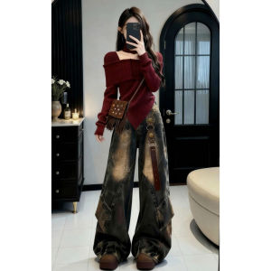 NIUVIES | Áo Sweater Knit Dáng Ngắn Cổ Trụ Lộ Vai Thắt eo