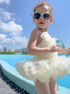 Summer Princess Style One-Piece Swimsuit with Halter Neck And Fluffy Skirt for Girls Vacation Swimming Costume Includes Hat