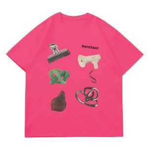 เสื้อยืดแขนสั้นผ้าฝ้ายแท้สไตล์อเมริกันย้อนยุคสำหรับผู้หญิง ทรงหลวม ดีไซน์ไหล่ ทรงปกติ ฤดูร้อน 2024 เสื้อตัวบนพิมพ์ลาย