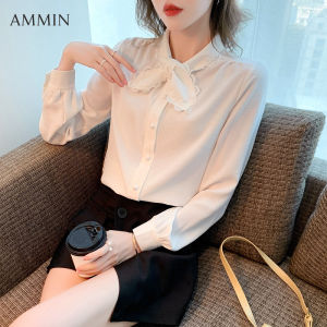 Ammin thời trang phong cách Hàn Quốc dài tay ngọt ngào ren thắt nơ áo voan cho phụ nữ