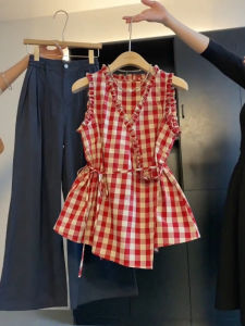 เสื้อกั๊กสีแดงลายสก็อตสไตล์เกาหลีสำหรับผู้หญิง ทรงหลวม ดีไซน์รัดเอว แขนยาว คอเหลี่ยม เสื้อผ้าทำงานฤดูร้อน