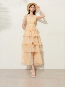 D-PLAY | Yellow French Style Floral Print Dress