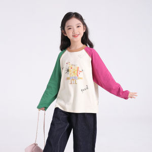 Childrens round Neck T-Shirt Cartoon Print Shoulder Sleeve Long Sleeve Top for Girls Fashionable Autumn New Style Polyester Fiber