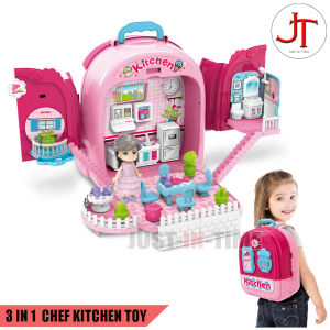 3 in 1 DIY Educational Pretend Play Role Kit Folding Chef Kitchen Toy With Backpack for Kids