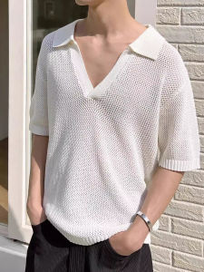 เสื้อโปโลคอฮันซีสไตล์ย้อนยุคสำหรับผู้ชาย แขนสั้น ทรงหลวม ผ้าถัก ผ้าฝ้าย ผ้าโพลีเอสเตอร์ ฤดูร้อน 2025 แฟชั่นสตรีท