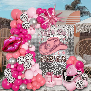 105Pcs Western Cowboy Pink Rose Red Balloon Chain Set Pink Cowboy Hat Red Lips Exploding Stars with Pink Rose Red and Silver Balloons Perfect for Womens Birthday Parties Bachelorette Parties Valentines Day Parties Cowboy Theme Party Decorations