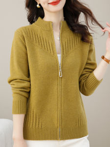 Áo Khoác Cardigan Dệt Kim Cổ Đứng Màu Đỏ Khóa Kéo Mỏng Cho Nữ Áo Khoác Ngoài Mùa Xuân Thu Áo Len Cardigan Dáng Rộng Dài Ngắn