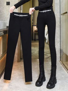 High Waist Fleece Lined Womens Pencil Pants Black Base Layer Trousers Autumn Winter Slimming Capri Pants Printed Design