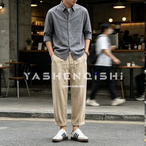 YASHENQISHI | Tencel Linen Loose Straight Mens Trousers 3/4 Length