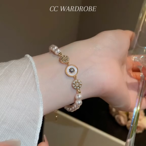 CC Wardrobe Classic Pearl Beaded Bracelet – Stylish Gold Round Crystal Charm Jewelry Gift for Women and Girls