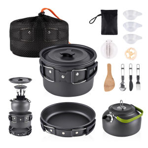 Outdoor Aluminum Nestable Cookware Set Pot Pan Kettle Equipped With Mesh Storage Bag And Tableware Kit For Camping Travel Gear