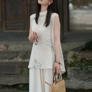 Shalldoer | Lightweight Breathable White Floral Print Sleeveless Top Wide Leg Pants Set Summer Outfit Cool Feeling Whole Set Elegant Style