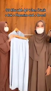 Yumna Set Rok Tunik Syar’i Pashmina Oval Wanita One set Tunik Melayu Bahan crinkle Airflow
