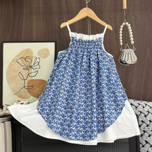Bear Leader Baby Girls Flower Dress Summer Pathwork Pleated Sling Princess Dresses for Kids Clothes 3 4 5 6 7 Years Kids Casual Clothes Childrens Outfits Wear
