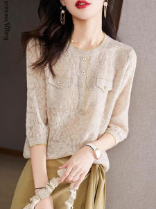 WANGGONGZHU | Princess Style Hollow Out Long Sleeve Knitted Top Womens Fashion Thin Short Sleeve Base Shirt Korean Version Loose Fit