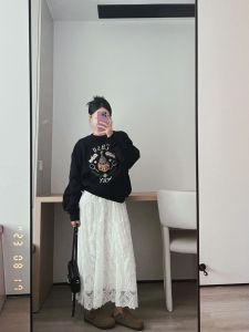 Váy Dài Chữ a Ren Trắng Cạp Cao Cho Nữ Mùa Xuân Thu Phong Cách Mới Váy Midi Dài Cạp Cao Thiết Kế Thon Gọn