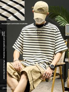 SZON | Black Stripe Heavyweight Casual T-shirt Summer Loose Style Short Sleeve
