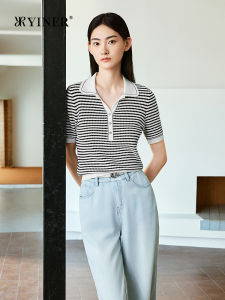 French Style Color Blocked Texture Striped Seagull Collar Knitwear