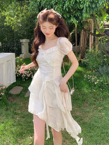 Summer Tea Break French Style Irregular White Dress Womens Fairy Tale Beach Vacation Princess Skirt Short Sleeve Square Neck