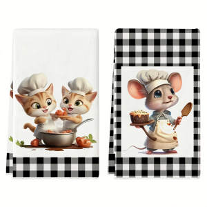 2-Pack Buffalo Plaid Cat and Mouse Kitchen Towels Dish Towels Hand Towels Highly Absorbent Kitchen Decorative Towels Neighbor Gifts Sweet Housewarming Gifts for Friends Mom Gifts Friend Birthday Gifts