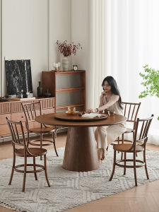 Solid Wood round Table Classy Ash Wood with Turntable Household round Dining Table 6/12 People Walnut Color Retro Style Dining Tables and Chairs