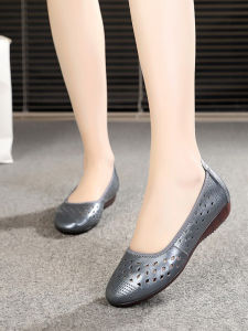 Shanghai Flower Card Genuine Leather Womens Shoes Soft Bottom Hollow out Comfortable Flat Heel Hole Hole Sandals for Mothers And Elderly