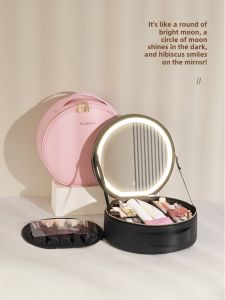 กระเป๋าแต่งหน้าขนาดกะทัดรัด Niceland Round พร้อมไฟ LED Travel กระเป๋าเก็บเครื่องสําอางคุณสมบัติแสงสว่างสําหรับสิ่งจําเป็นด้านความงามขณะเดินทาง