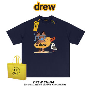 เสื้อยืดแขนสั้นลายการ์ตูนสุนัข Drew American Casual สำหรับผู้ชายและผู้หญิง ทรงหลวม ผ้าฝ้าย ความยาวปกติ ฤดูร้อน 2025