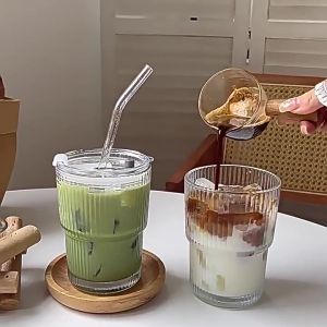 High aesthetic vertical striped glass cup coffee cup iced American home with lid straw water cup latte cold beverage cup