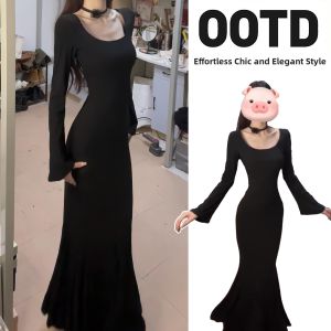 SUHUIQIAN | Flared Black Lotus Fish Tail Pencil Dress Long Sleeve