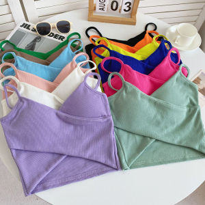 เสื้อครอปสายเดี่ยวแบบสวมหัวสำหรับผู้หญิงในช่วงฤดูร้อน แขนสั้น ทรงเข้ารูป ผ้าฝ้ายผสมโพลีเอสเตอร์ สวมใส่สบาย ลำลอง