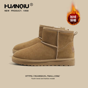 HuanQiu Mens Genuine Leather Snow Boots Winter Anti-Slip Fur Lined Short Boots Warm Cotton Shoes Casual Style round Toe Thick Bottom