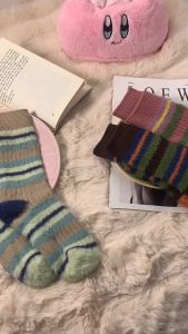 ALENADAY - Kaos Kaki Wanita Korea Style Kece Panjang Setengah Betis Motif Garis Beludru Bulu KK06