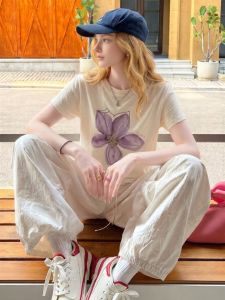 Elegant Purple Print Breathable Slim Fit Womens T-shirt