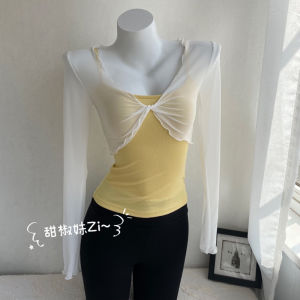 Sweet Style Ballet Mesh Top Womens Gentle Cross Knot Thin Long Sleeve Dance Practice Suit Short Version Dance Cover up Yoga Shirt